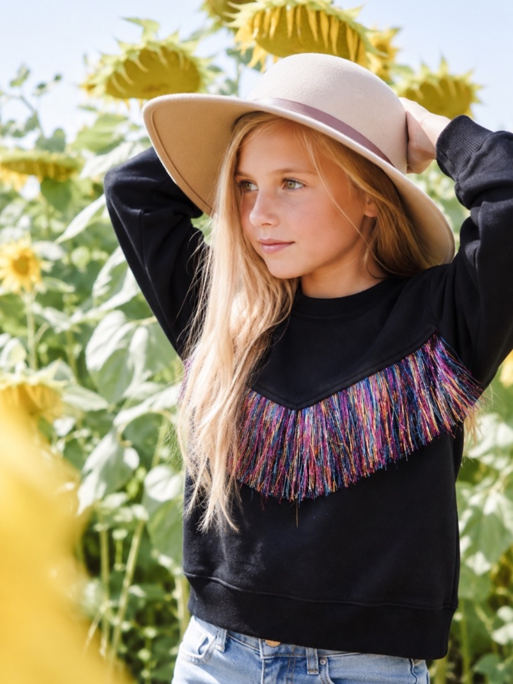 Zara girls ripped blue navy colorful fringe sweatshirt